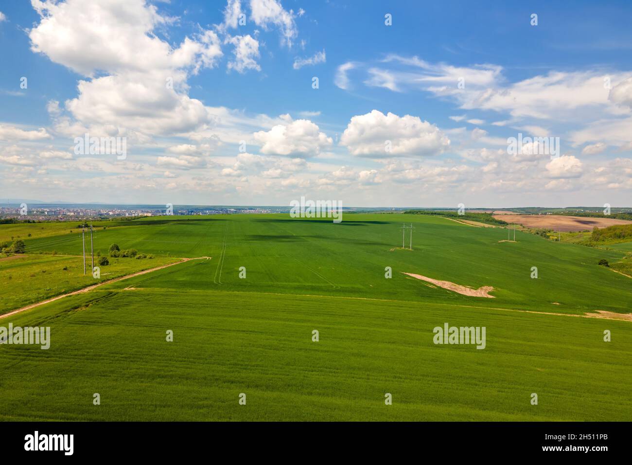 Aerial landscape view of green cultivated agricultural fields with ...