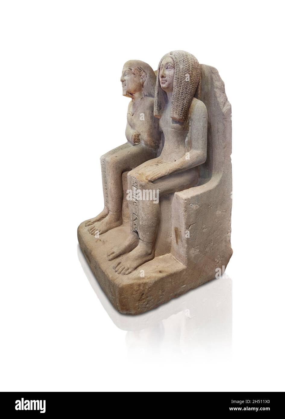 Egyptian statue sculpture Djehoutynefer, scribe of Amon and his wife Benemeb, 1479-1457 BC, 18th dynasty. Louvre Museum inv A55 or  N 56.  Woman (seat Stock Photo