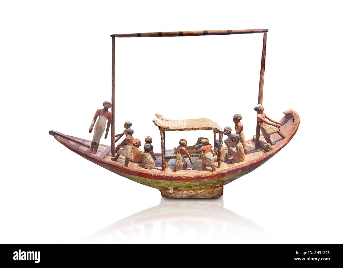 Wooden Egyptian wood boat model, circa 2000 BC, middle Empire. Louvre Museum inv E17111. Under the canopy, a mummy placed on the bed. As with other mo Stock Photo