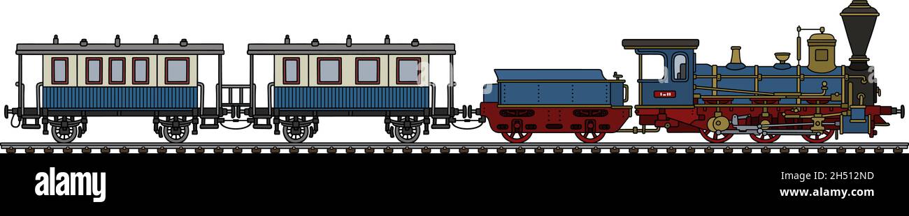 Hand drawing of a vintage blue steam locomotive and two passenger ...