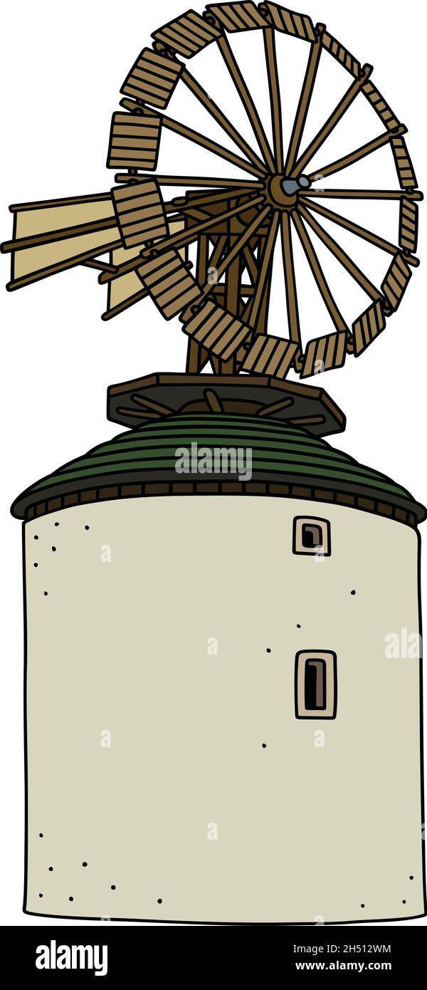 Hand drawing of an old white stone windmill Stock Vector