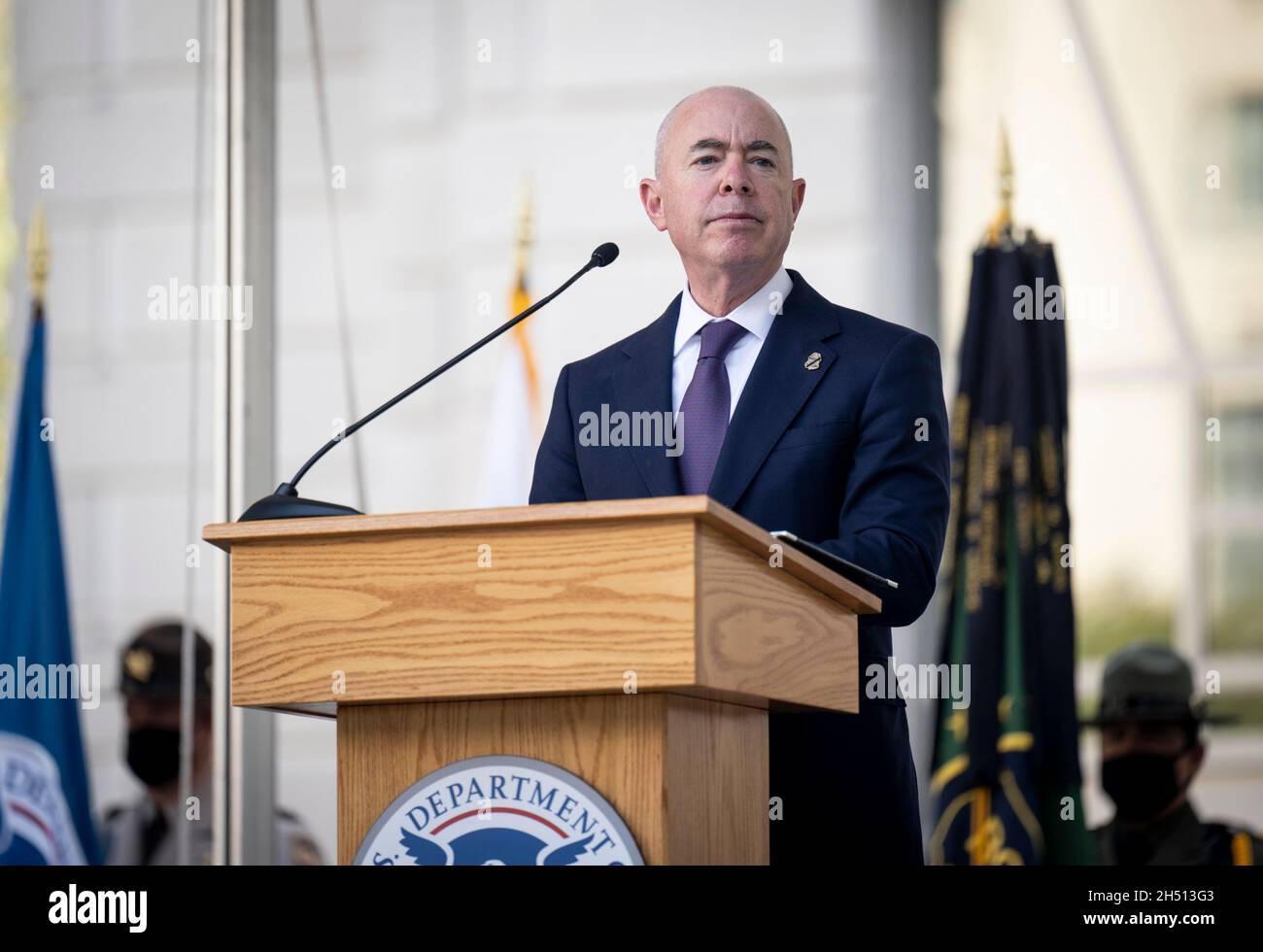 Washington, United States of America. 15 October, 2021. U.S Homeland Security Secretary Alejandro Mayorkas addresses a ceremony honoring Custom and Border Patrol agents killed in the line of duty at the Valor Memorial and Wreath Laying Ceremony October 15, 2021 in Washington, D.C.Credit: Benjamin Applebaum/Homeland Security/Alamy Live News Stock Photo