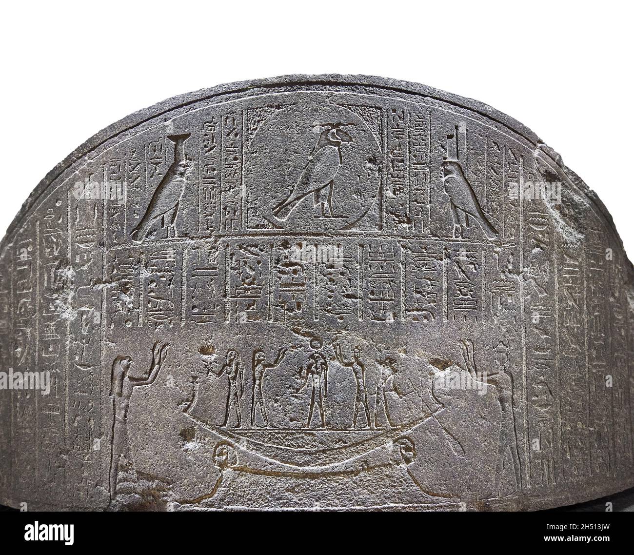 Ptolemaic Egyptian sarcophagus of Djedhor, 380-30 BC, Saqqara Memphis, diorite, Louvre Museum D8 or N344. Inscription names Djedhor (father of the god Stock Photo