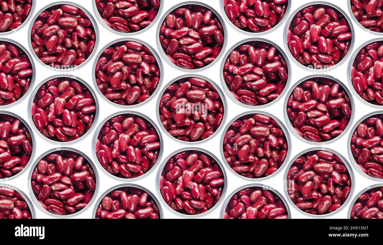Seamless background of flat lay opened tin cans with kidney beans