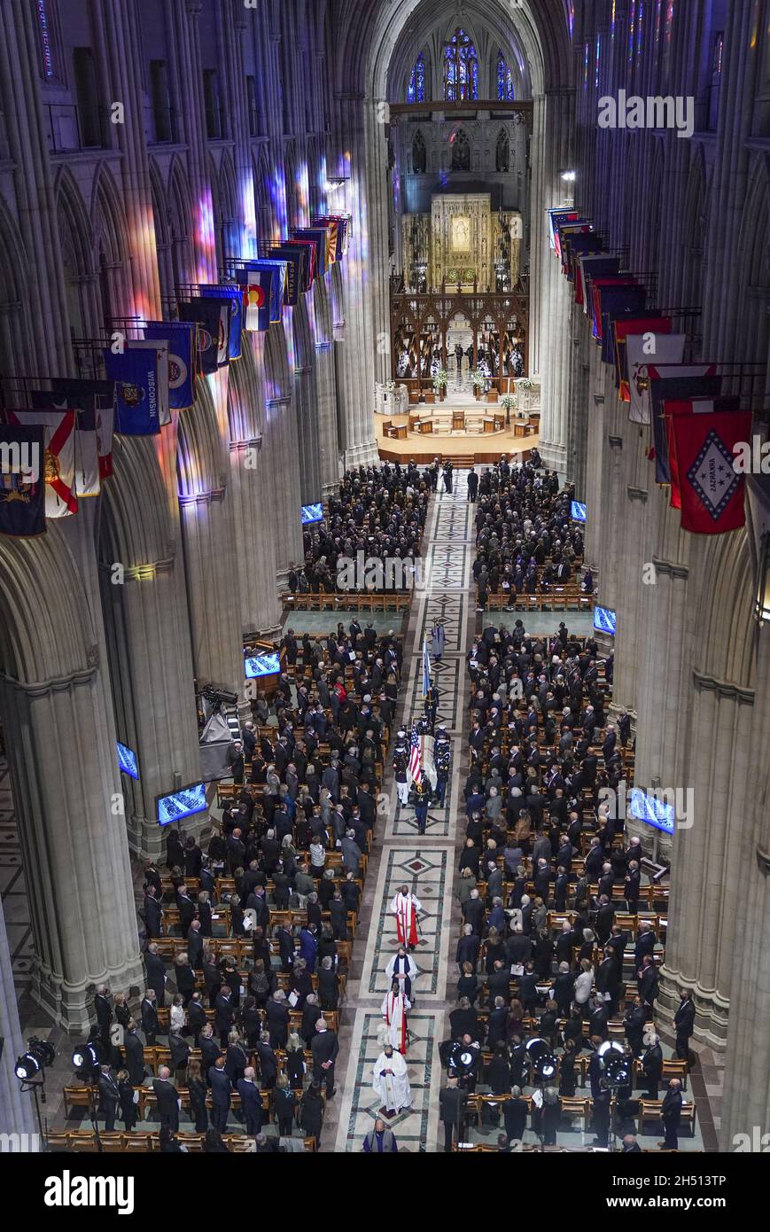 Washington DC, USA. 05th Nov, 2021. The recessional with Colin Powell's casket exits the Washington National Cathedral in Washington, DC on November 5, 2021. Colin Powell died October 18, at the age of 84, from complications of COVID-19 after a battle with brain cancer. Photo Leigh Vogel/UPI Credit: UPI/Alamy Live News Stock Photo