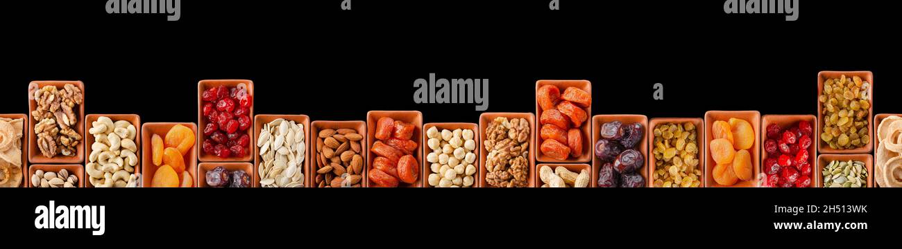 Horizontally Seamless flat lay food frame of dehydrated fruits, seeds ...