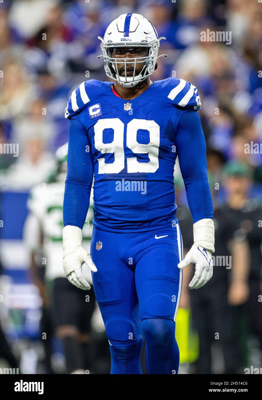 February 5, 2022: Indianapolis Colts defensive line DeForest Buckner (99)  signed a souvenir football and is throwing it into the crowd during the AFC Pro  Bowl Practice at Las Vegas Ballpark in