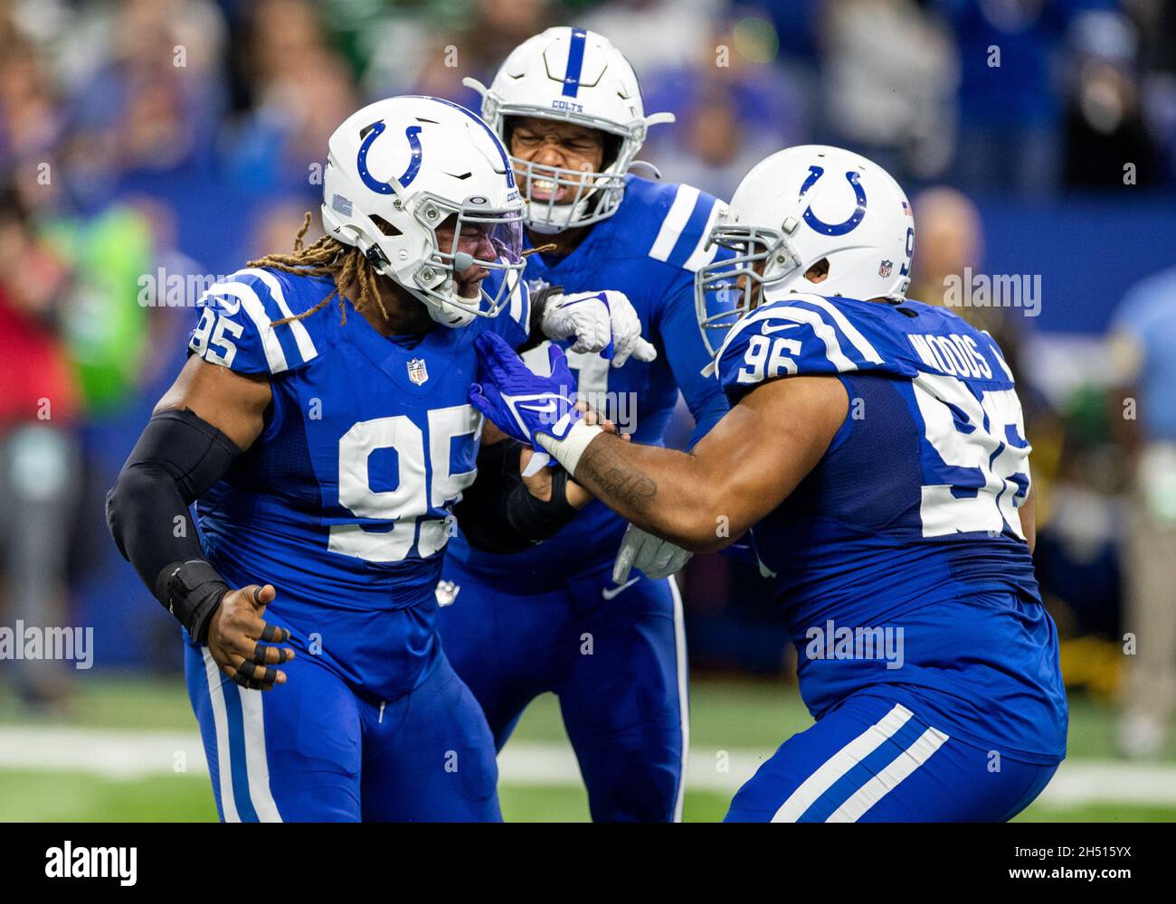 November 04, 2021: Indianapolis Colts defensive linemen Taylor Stallworth  (95) and Antwaun Woods (96) celebrate sack during NFL football game action  between the New York Jets and the Indianapolis Colts at Lucas