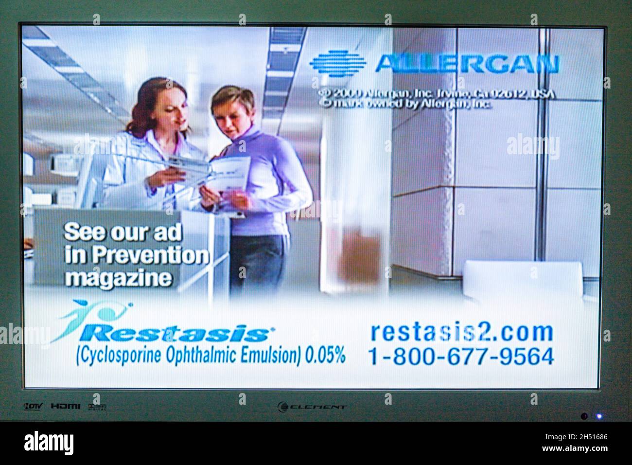 TV television screen ad advertisement commercial,Restasis prescription eye drops ophthalmic solution Allergan,medication eyecare health vision eyes Stock Photo