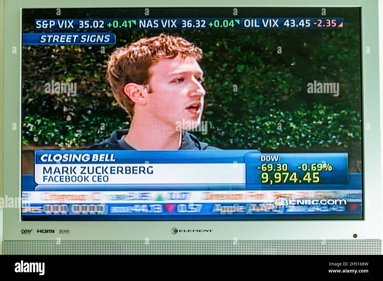 CNBC,Mark Zuckerberg Facebook CEO online social network interview,TV television set screen cable channel media Stock Photo