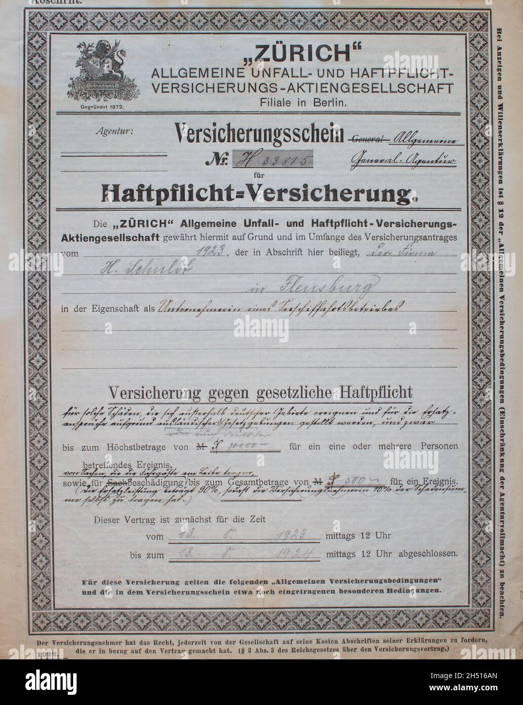 Berlin / Germany - circa 1923 liability insurance policy of the ZURICH Allgemeine Unfall - und Haftpflichtversicherungs Aktiengesellschaft Berlin bran Stock Photo