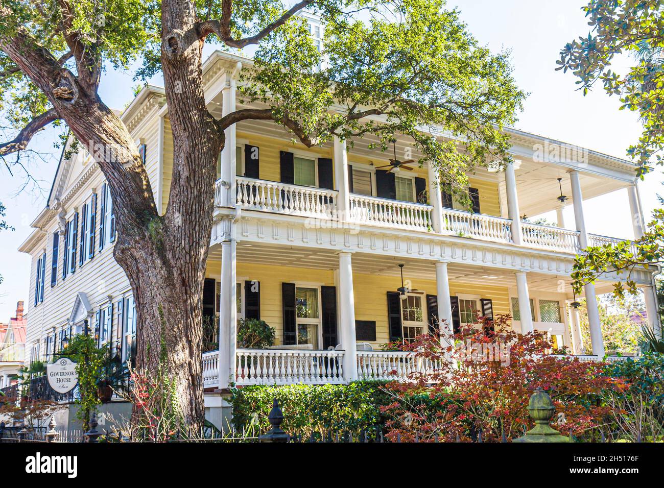 Charleston South Carolina,Historic District,Broad Street,mansion columns,Edward Rutledge House Governor's House Inn,bed & breakfast hotel lodging Stock Photo