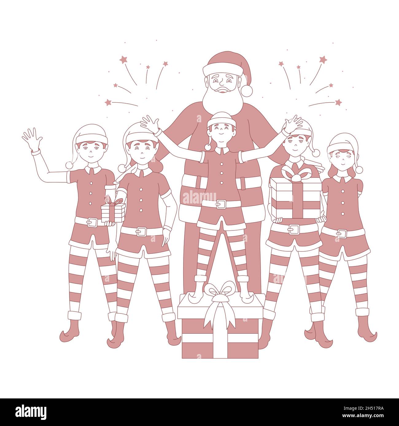 Santa Claus and the Christmas elves. Vector illustration of happy ...