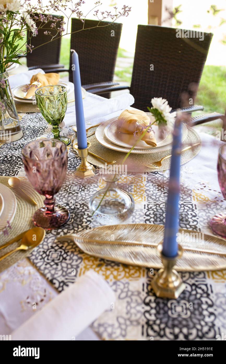 Beautiful decorative festive table setting. top view. Stock Photo