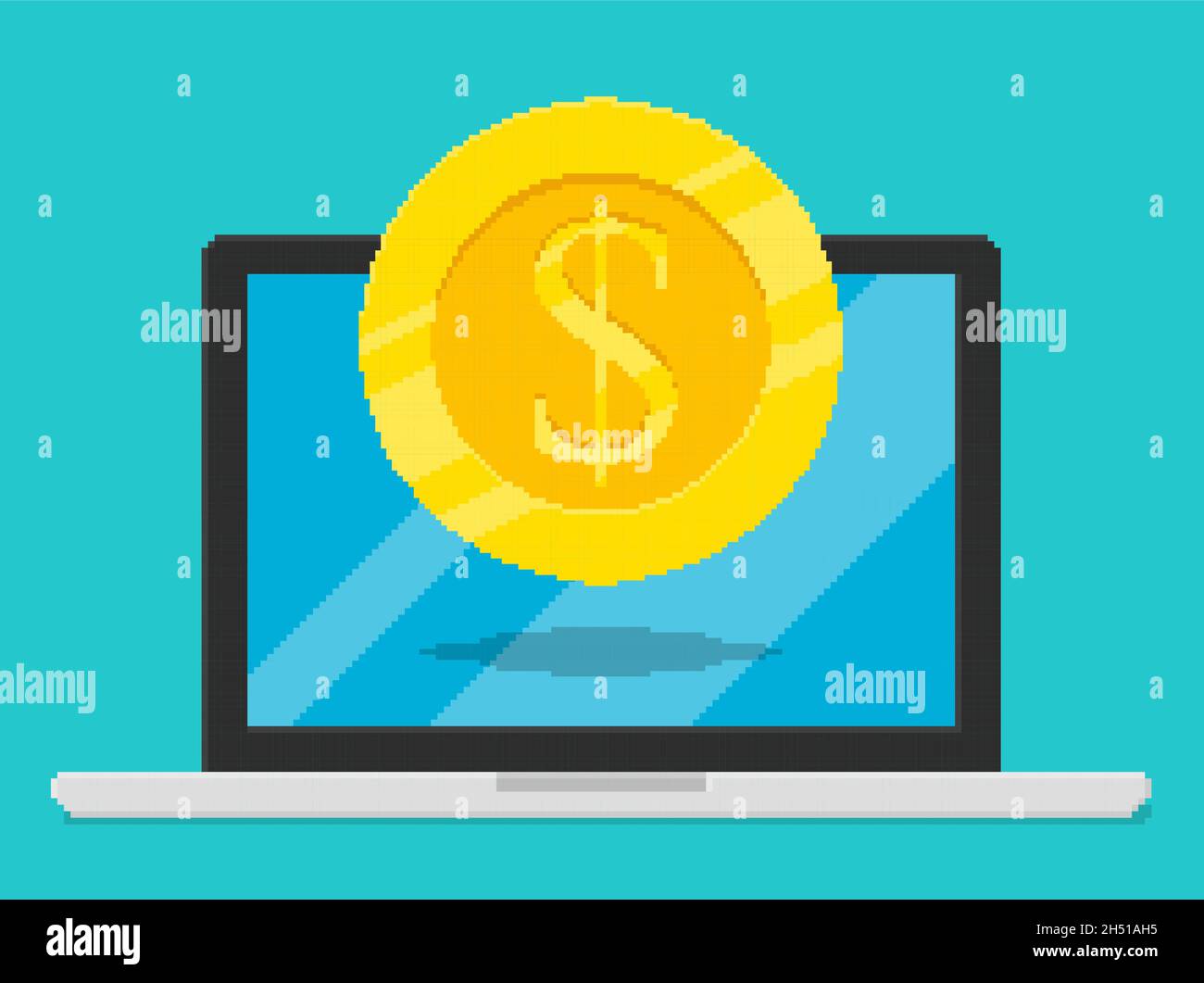 Pixel art style vector illustration of dollar coin on laptop screen. Stock Vector