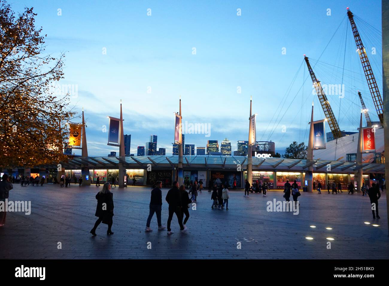 A sunset overview of the Peninsula Square at the O2 Arena, London, England, United Kingdom Stock Photo
