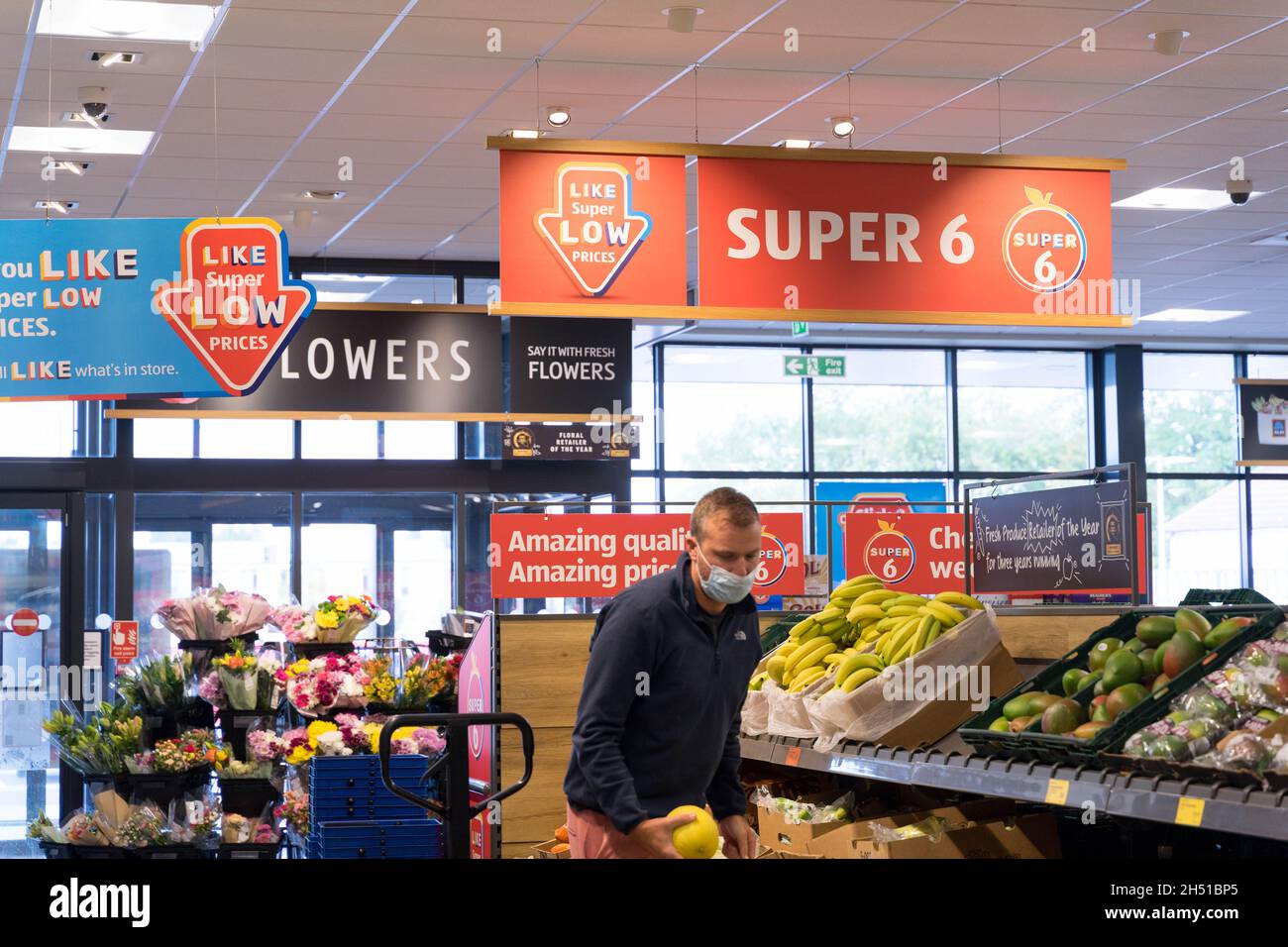 SYPER 6 at Aldi, fresh flowers, fruit and vegatables, London England