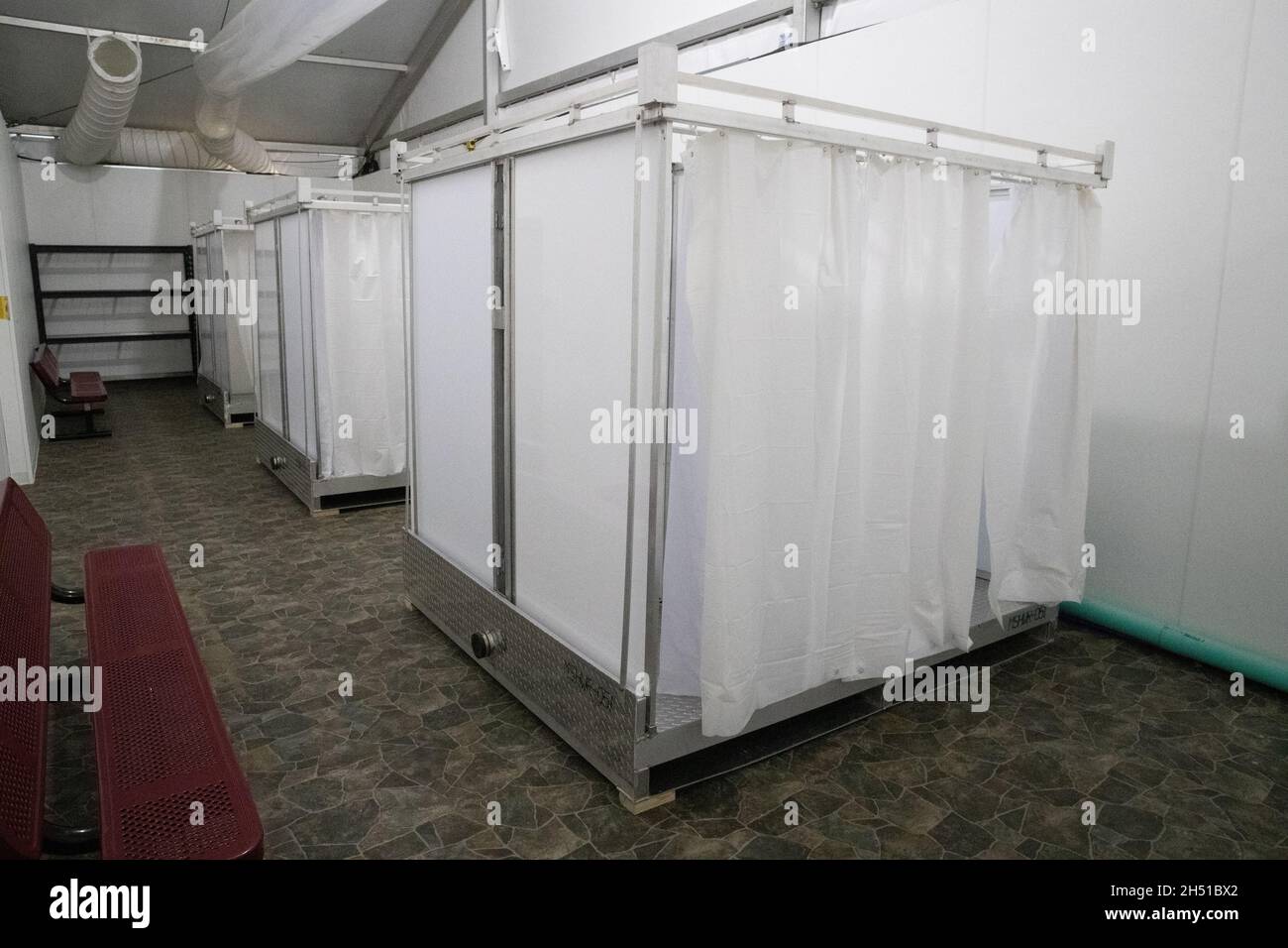 Donna, United States. 27 April, 2021. Shower facilities for unaccompanied migrant children at the U.S. Customs and Border Patrol immigration processing center May 7, 2021 in Donna, Texas.  Credit: Michael Battise/Homeland Security/Alamy Live News Stock Photo