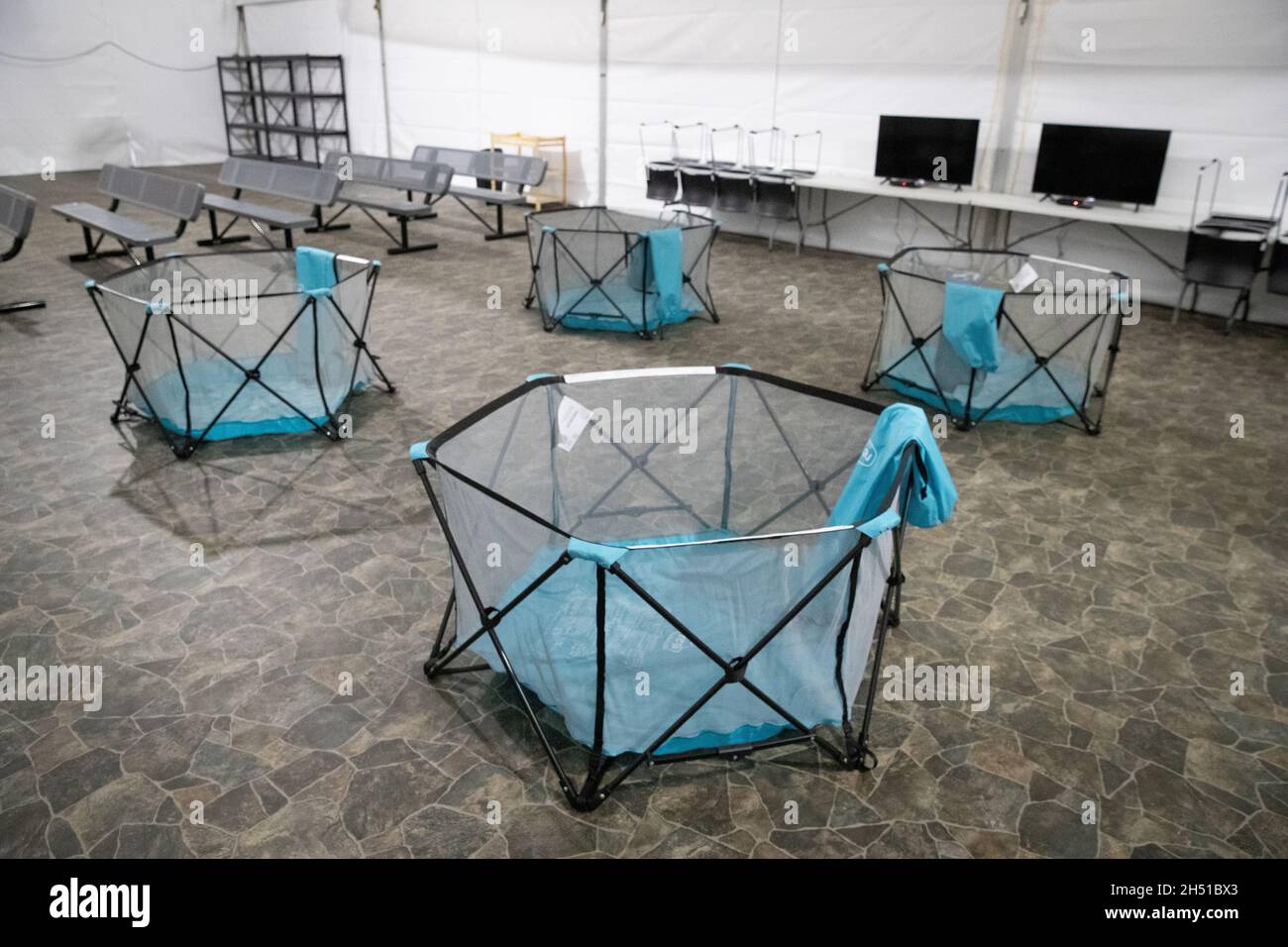 Donna, United States. 27 April, 2021. Playpens for unaccompanied migrant children at the U.S. Customs and Border Patrol immigration processing center May 7, 2021 in Donna, Texas.  Credit: Jerry Glaser/Homeland Security/Alamy Live News Stock Photo