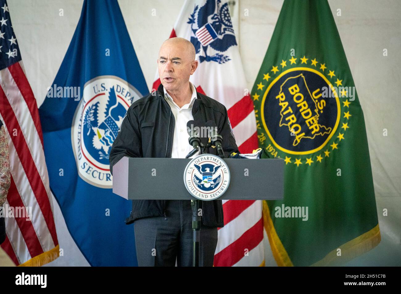 Donna, United States. 07 May, 2021. U.S Homeland Security Secretary Alejandro Mayorkas delivers remarks after touring the the Customs and Border Patrol immigration processing center May 7, 2021 in Donna, Texas.  Credit: Zachary Hupp/Homeland Security/Alamy Live News Stock Photo