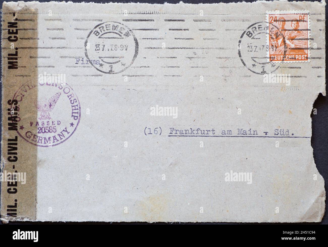 GERMANY - CIRCA 1947: Envelope with a postal stamp, which was stamped  by the US Civil Censorship  Germany passed 205585 and with a glue banderole. Th Stock Photo