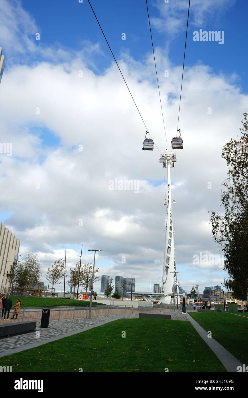 Emirates cable cars zip lining over London River Thames in he U.K Stock Photo