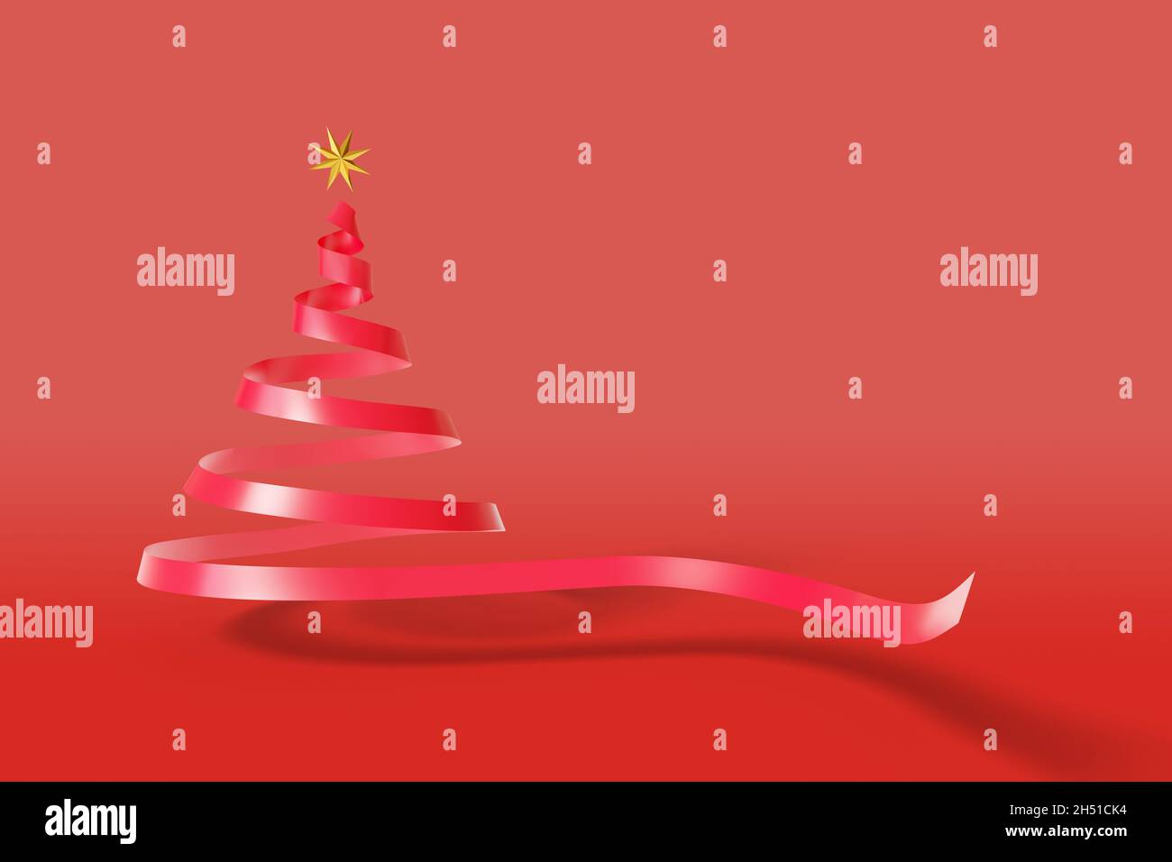 Red ribbon draws a Christmas tree with a gold star at its tip . 3d ...