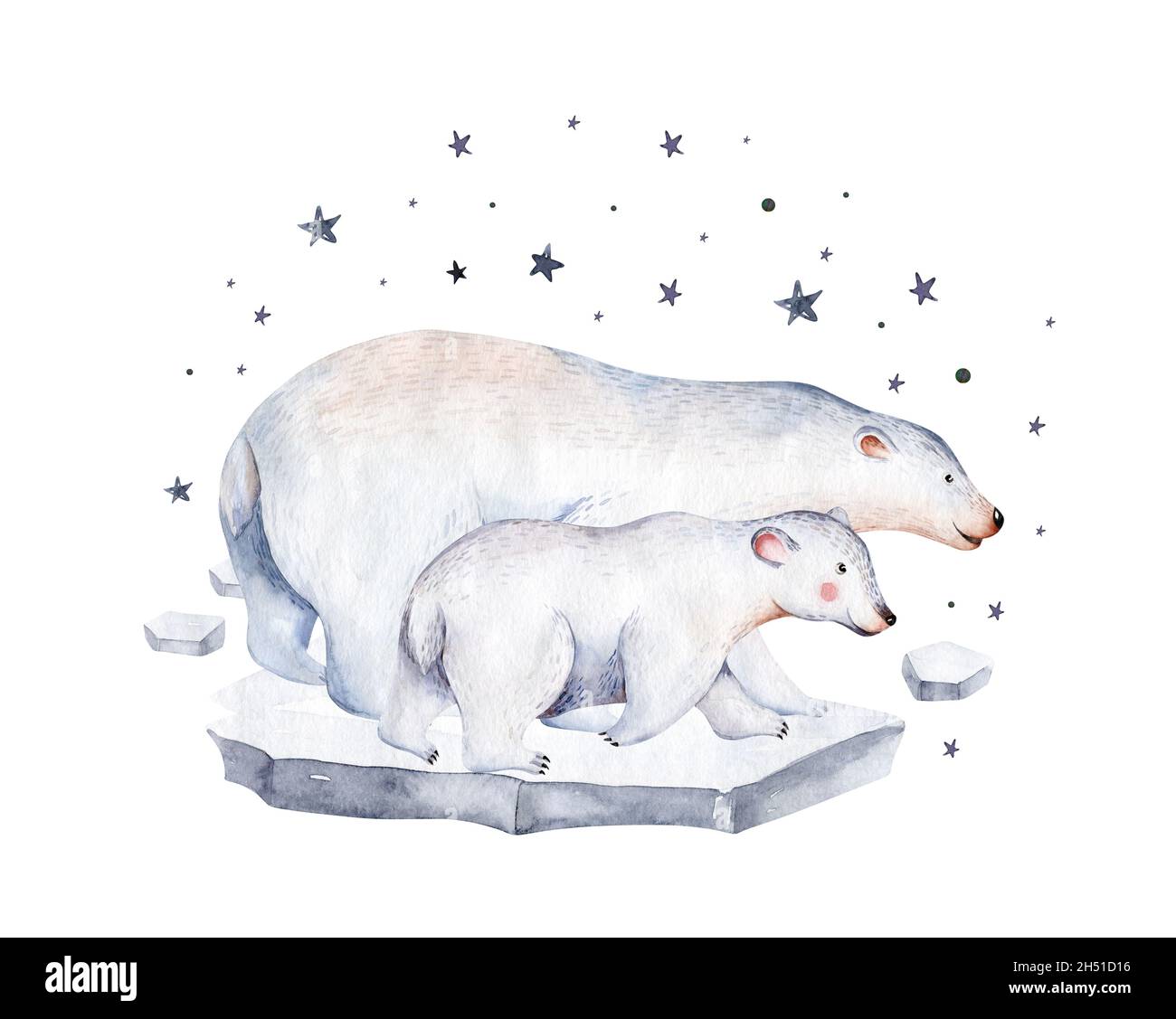Watercolor animals illustrations. Cute wild animal. Polar Bears silhouette isolated on a white background. Sketch art. Save the Arctic. Stock Photo