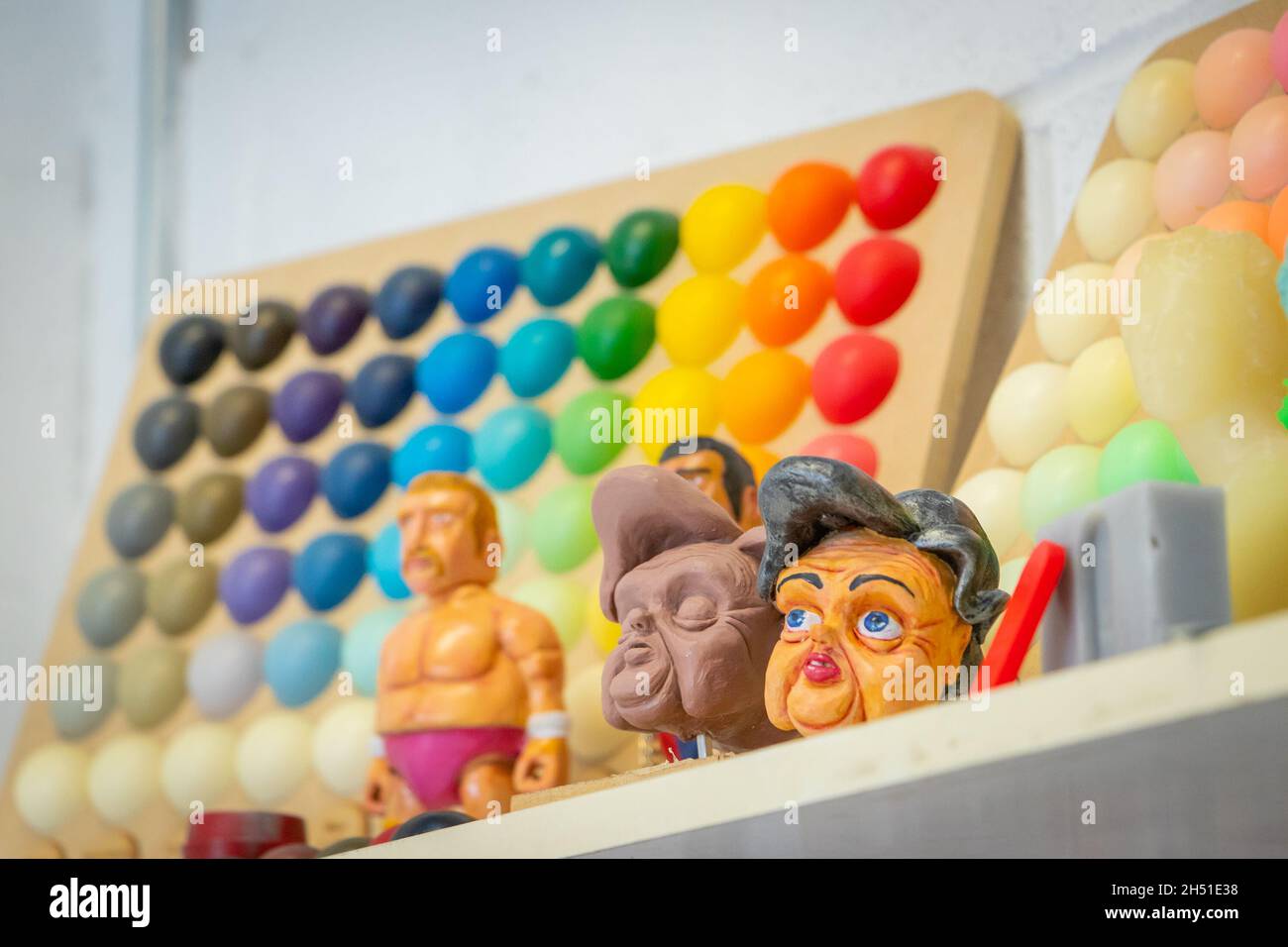 clay silicon and resin castings of cartoon heads and busts in a college university workshop Stock Photo