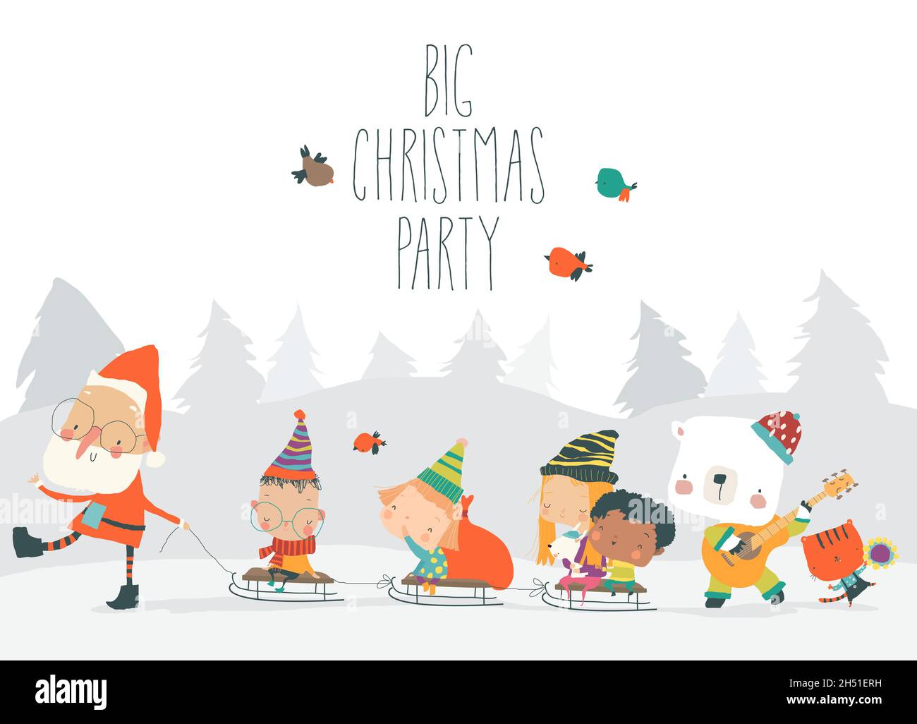 Cartoon Santa Claus going to Big Party with Happy Kids and Animals Stock Vector