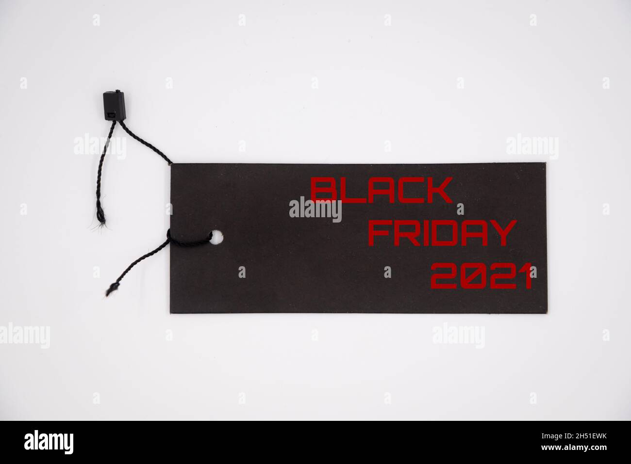 Black Friday 2021 text on a black tag on a white background Stock Photo