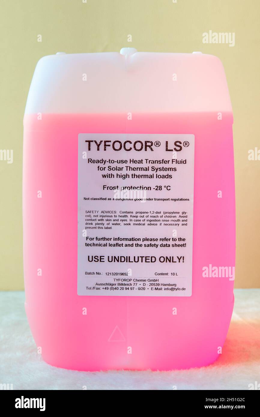 LONDON, UK – OCTOBER 4, 2021: Bottle of Tyfocor LS, heat transfer fluid of propylene glycol for solar thermal systems or water heating Stock Photo