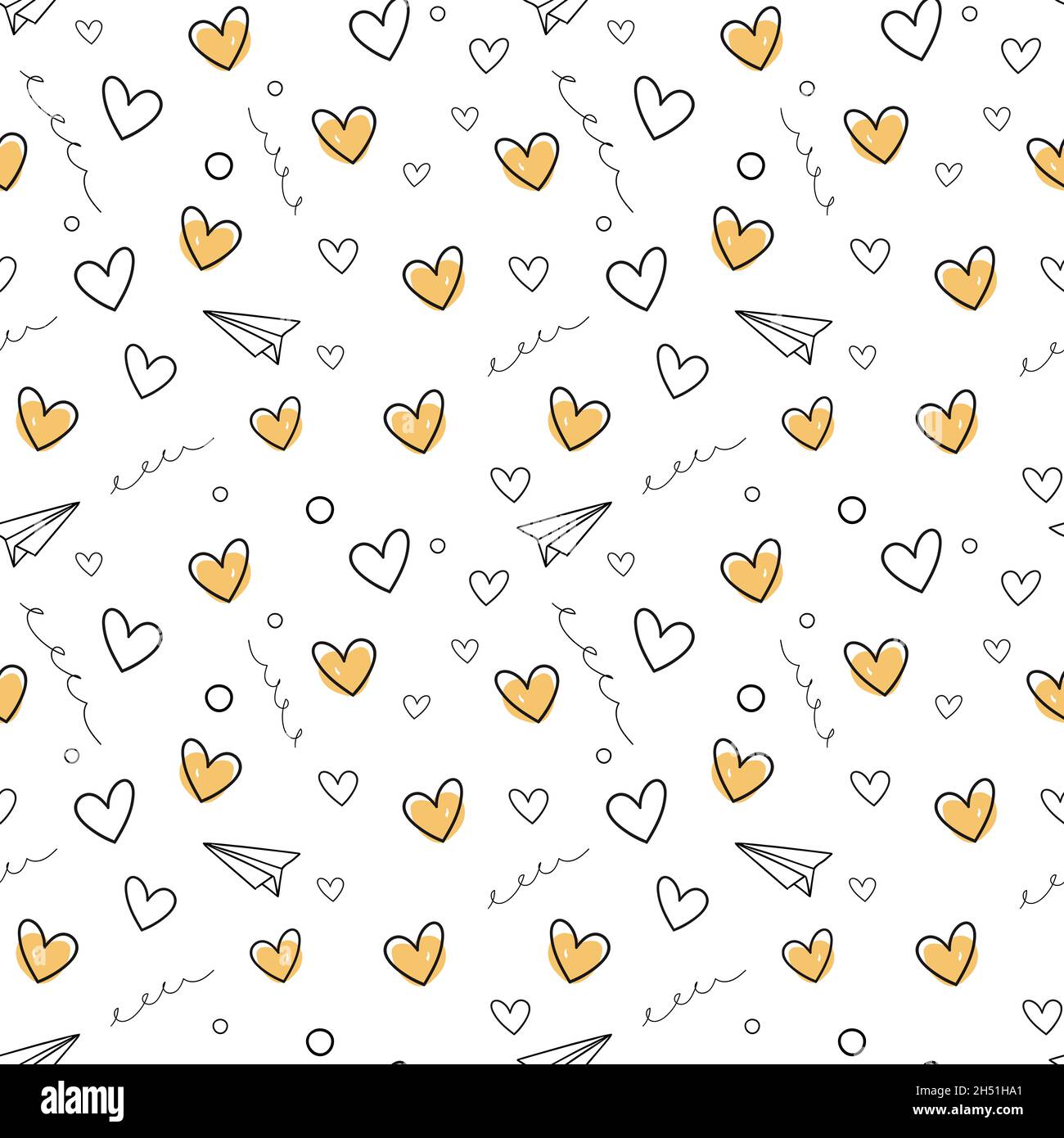Hand drawn hearts and paper planes seamless vector pattern. Hearts doodle Stock Photo