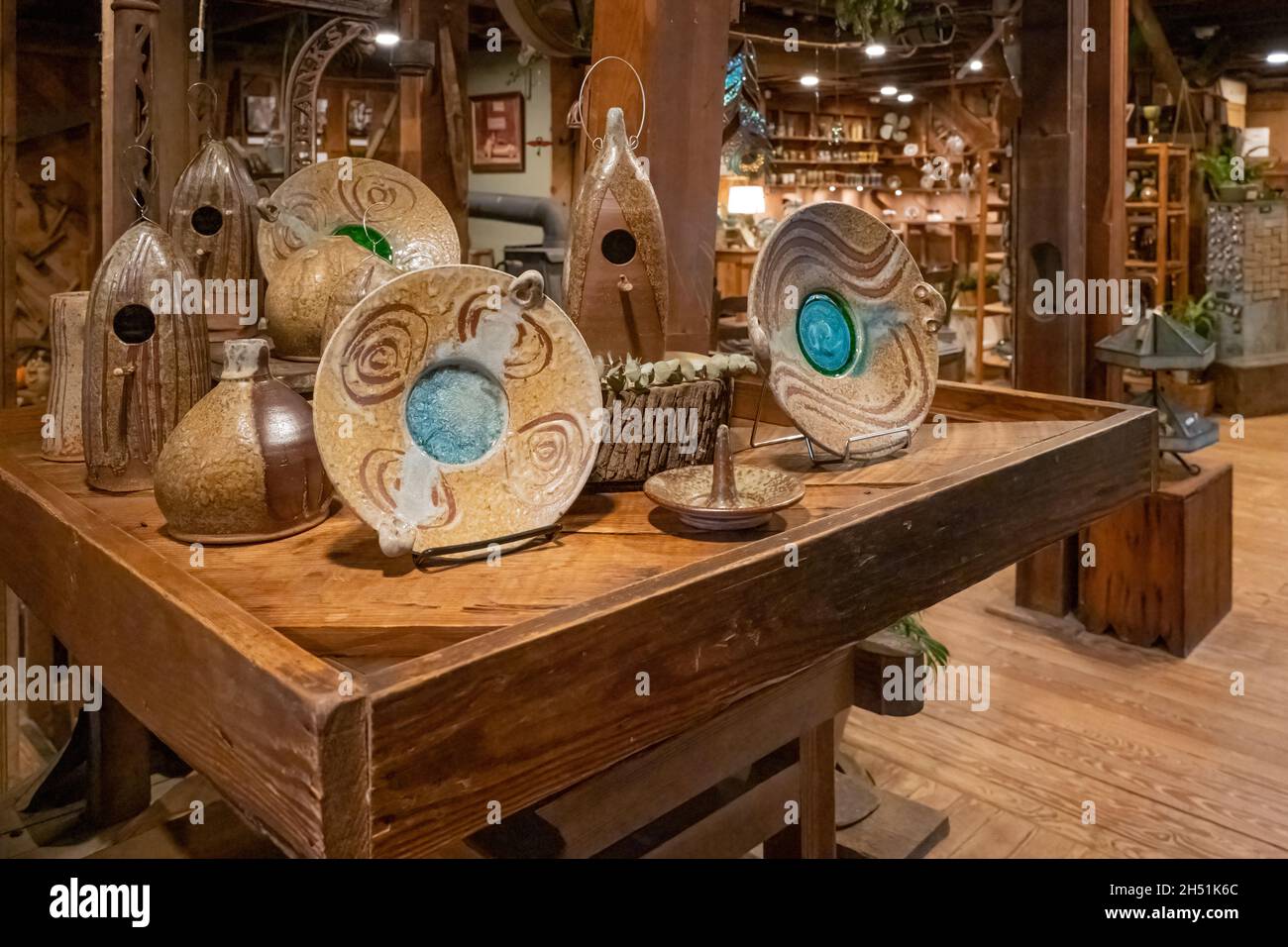Mark of the Potter, located in the old Grandpa Watts gristmill in Clarkesville, Georgia, offers handmade fine pottery by local artisans. (USA) Stock Photo