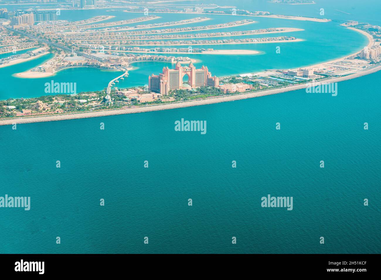 Aerial view of Atlantis The Palm Hotel on Palm Jumeirah island in Dubai, UAE taken in July 2021 Stock Photo
