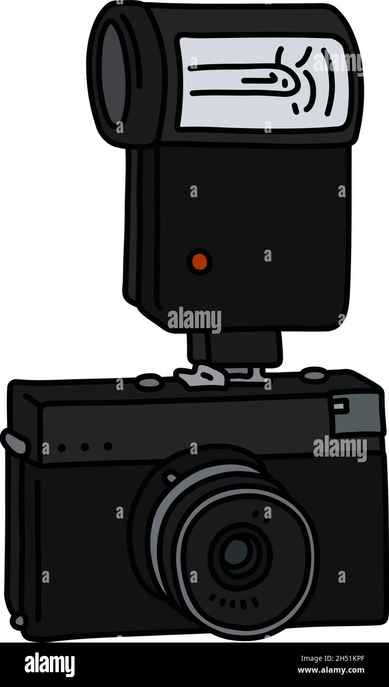 The vector drawing of a retro photographic camera with a flash light ...
