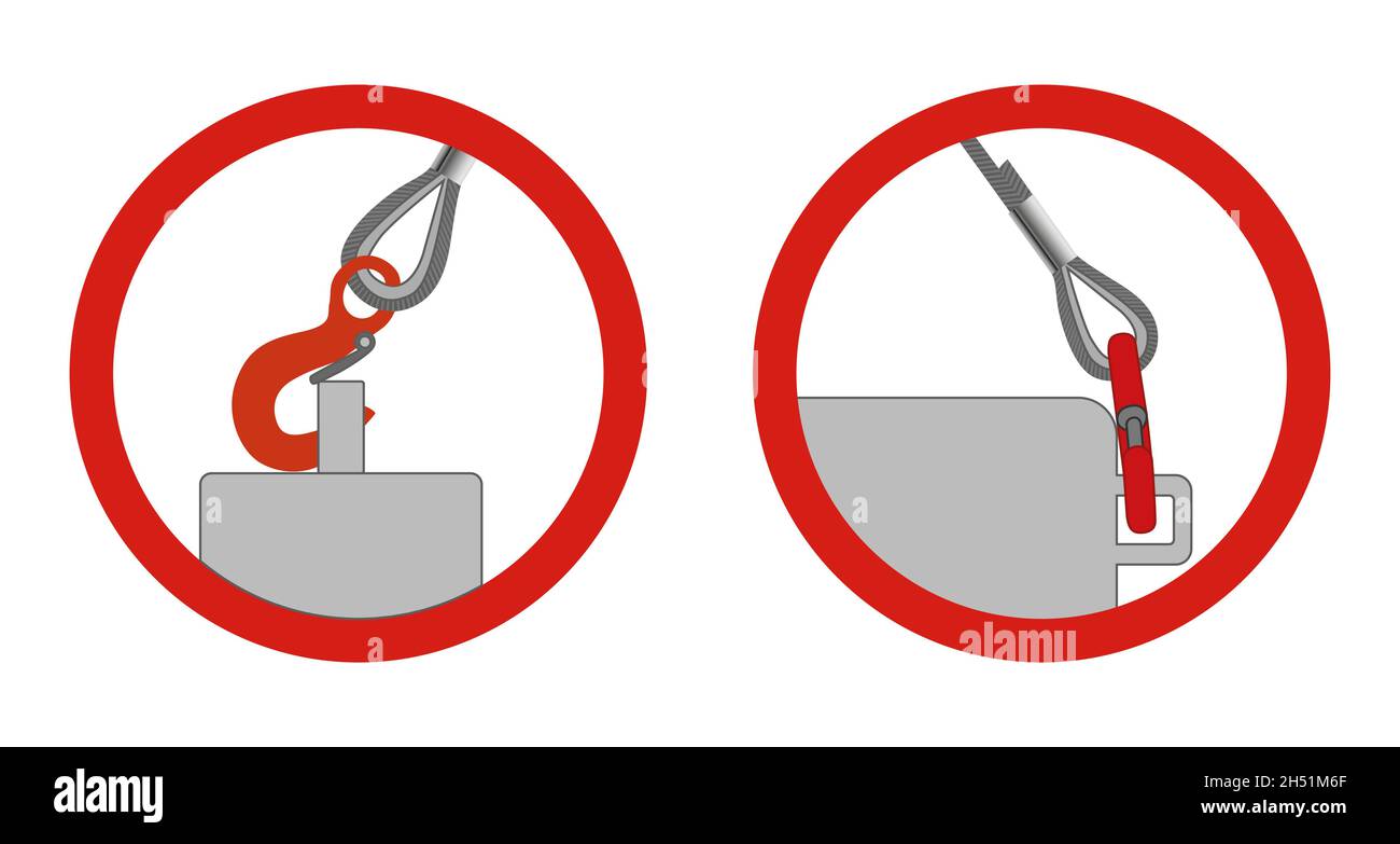 Correct load securing with a hook or carabiner. Correct fastening when operating a tower crane on a construction site. Stock Vector