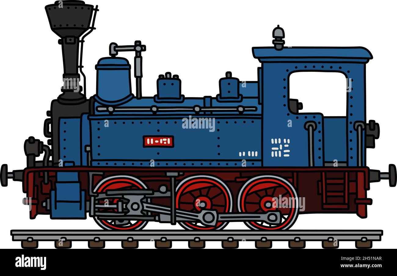 The vectorized hand drawing of a classic blue small steam locomotive ...