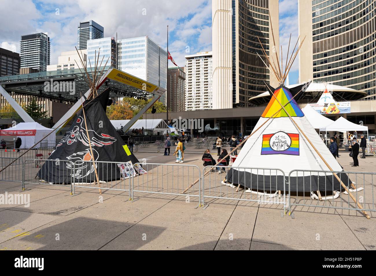 LGBTQ Rainbow Flag on aTeepee, Tepees (Tipi) at Indigenous Legacy Gathering, on November 4, 2021 in Toronto, Nathan Phillips Square, Canada Stock Photo