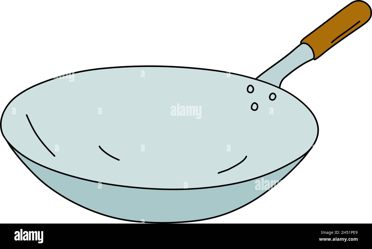 The vectorized hand drawing of a classic stainless steel chinese pan