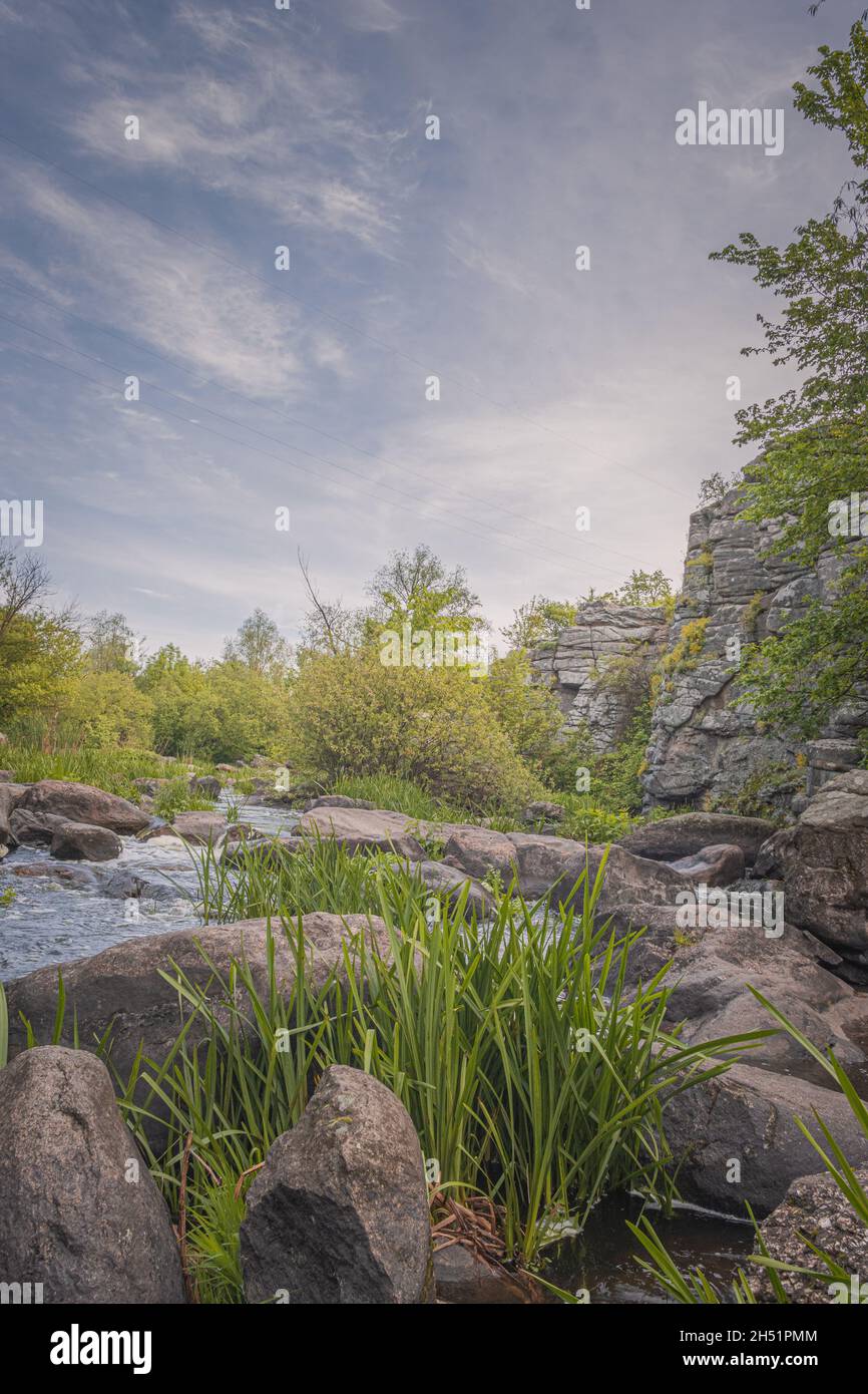 Lilac flowers spread on the wall of the canyon, the best stone texture, Landscape of the Buk canyon Stock Photo