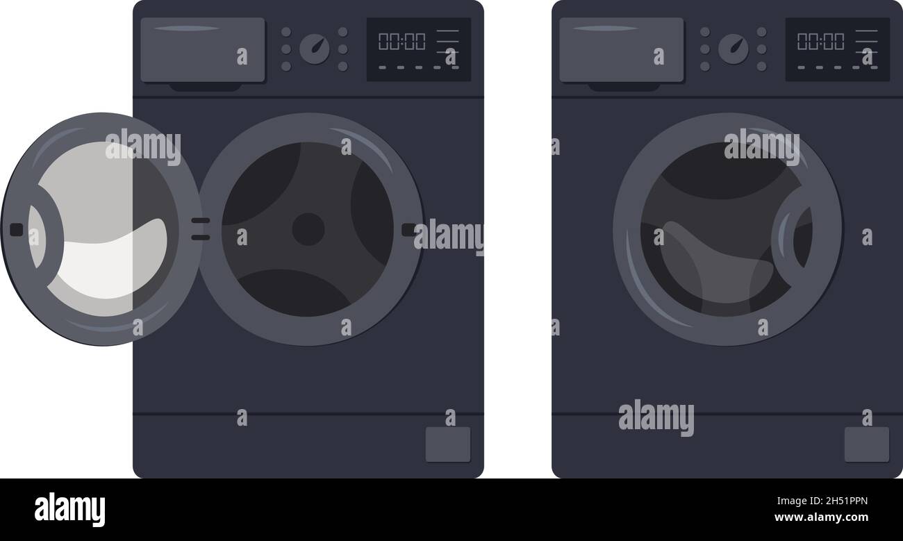 Washing machine icon. Front view of appliances in the bathroom. Vector flat illustration isolated on white background. Stock Vector