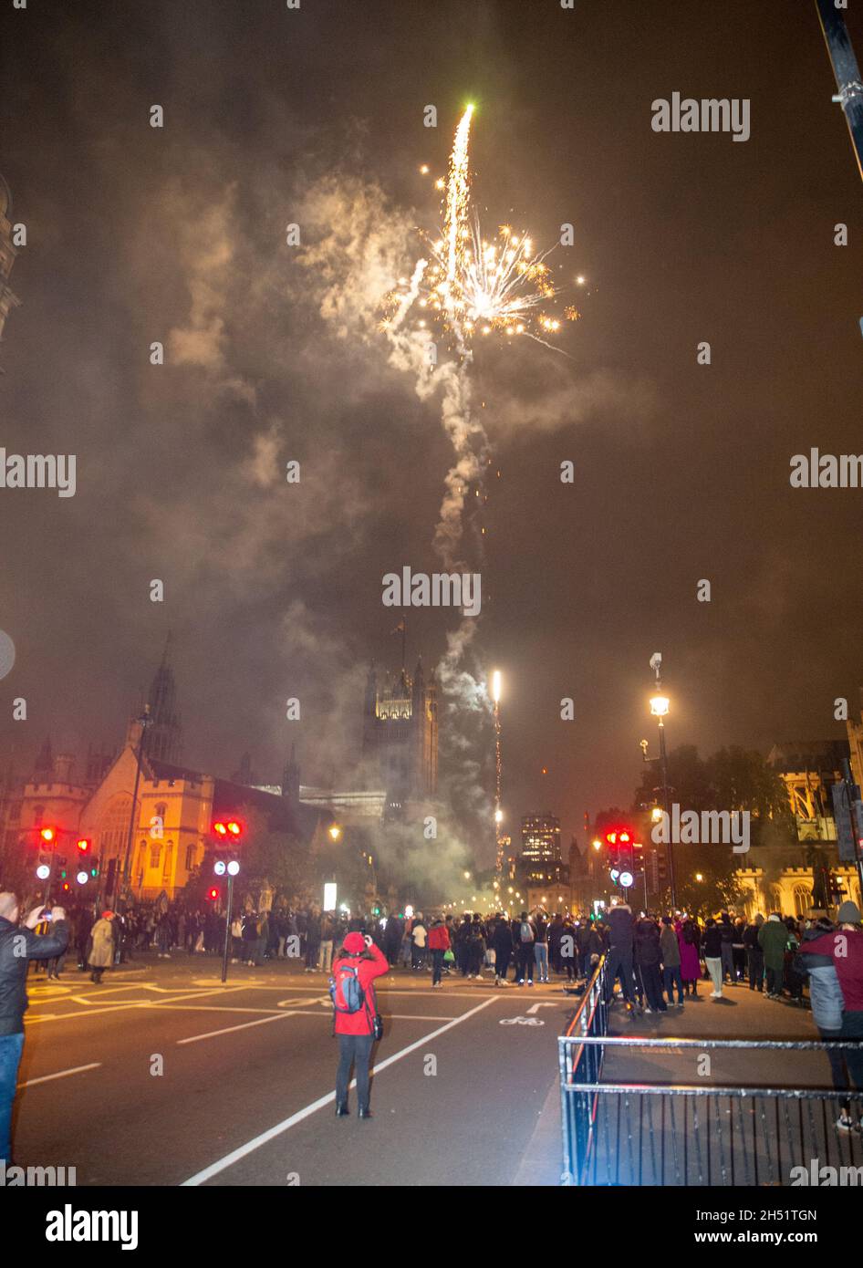 London, UK. 05th Nov, 2021. - [ ] Hundreds of anti vax demonstrators have again took to the streets of London.   They are angry at the Governments, handling of the vaccine crisis.  The protesters gathered in Central London using the traditional million mask March to get more supporters.  There were several arrests as fireworks and bottles were thrown at police who were guarding the Westminster perimeter. Credit: graham mitchell/Alamy Live News Stock Photo