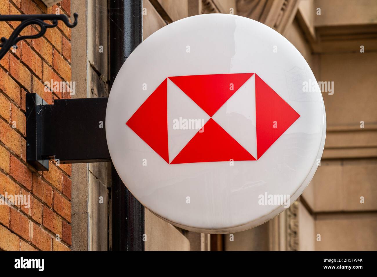 HSBC UK bank logo on the exterior of its branch in High Street, Coventry, West Midlands, UK. Stock Photo