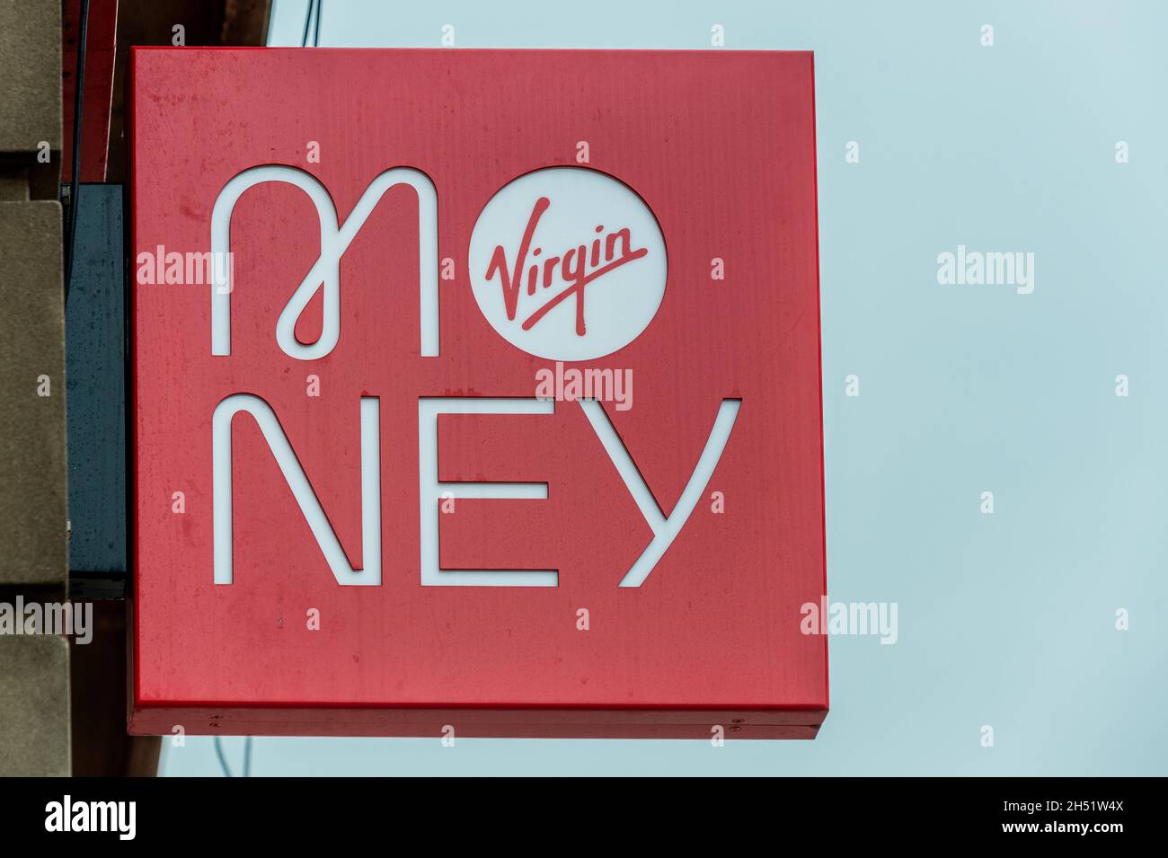 Virgin Money bank sign on the exterior of its branch in High Street, Coventry, West Midlands, UK. Stock Photo