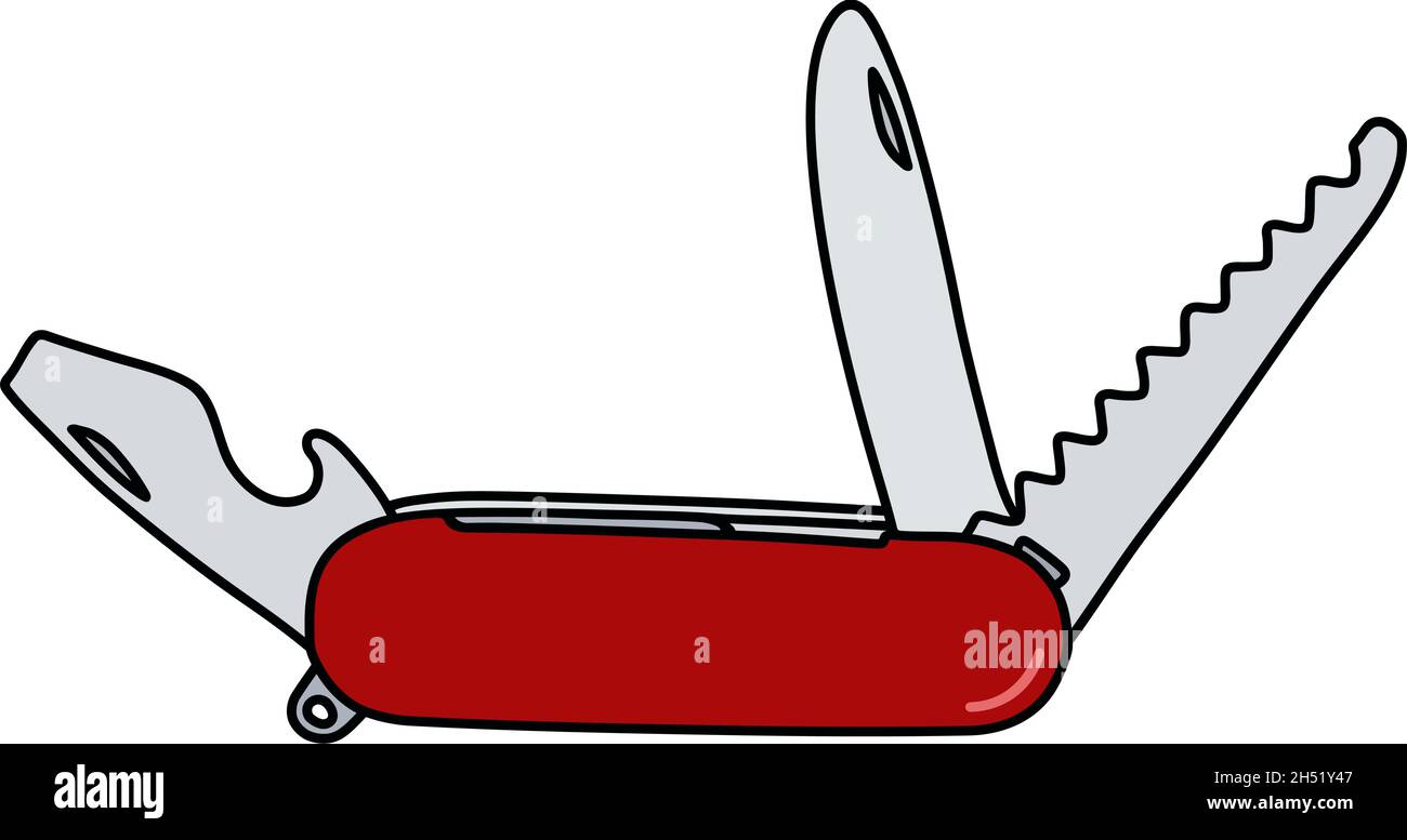 The vectorized hand drawing of a red swiss army pocket knife Stock