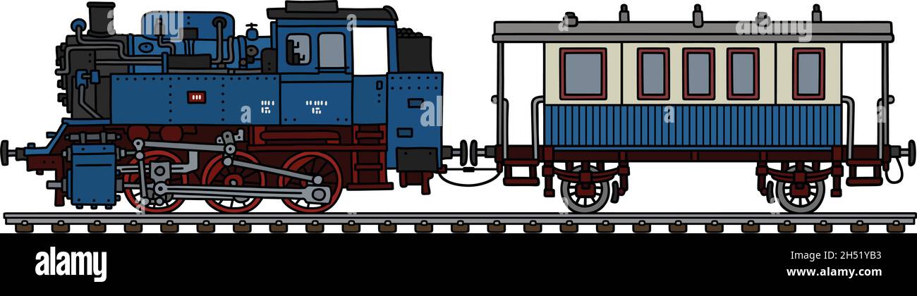 The vectorized hand drawing of a vintage blue steam locomotive and ...