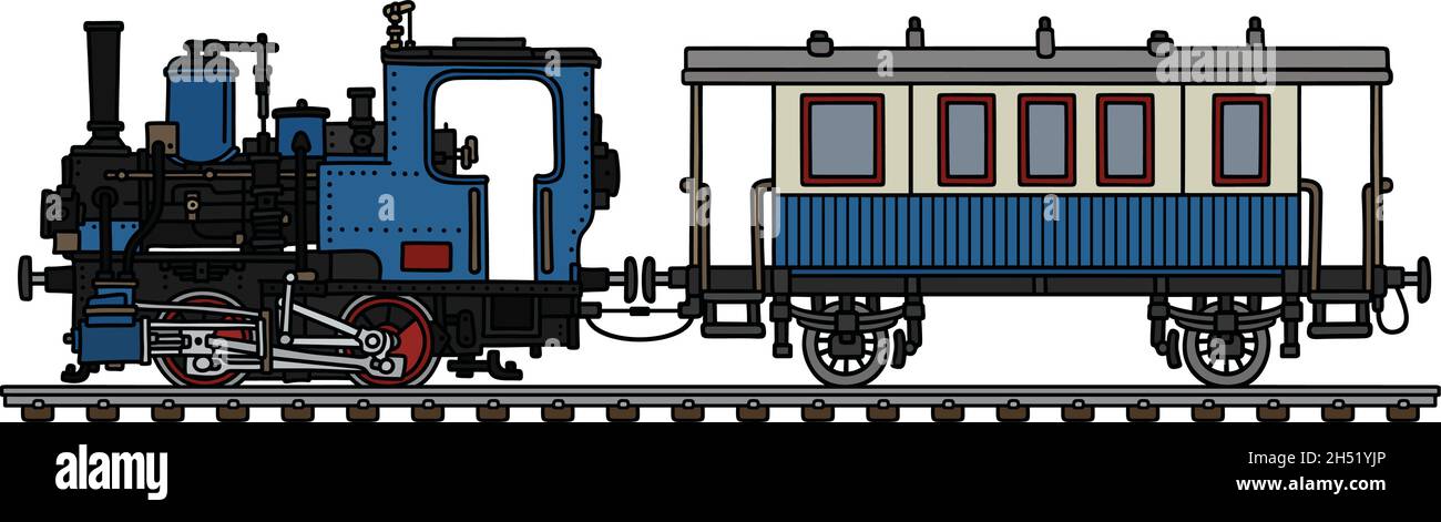 The vectorized hand drawing of a vintage blue small steam locomotive ...