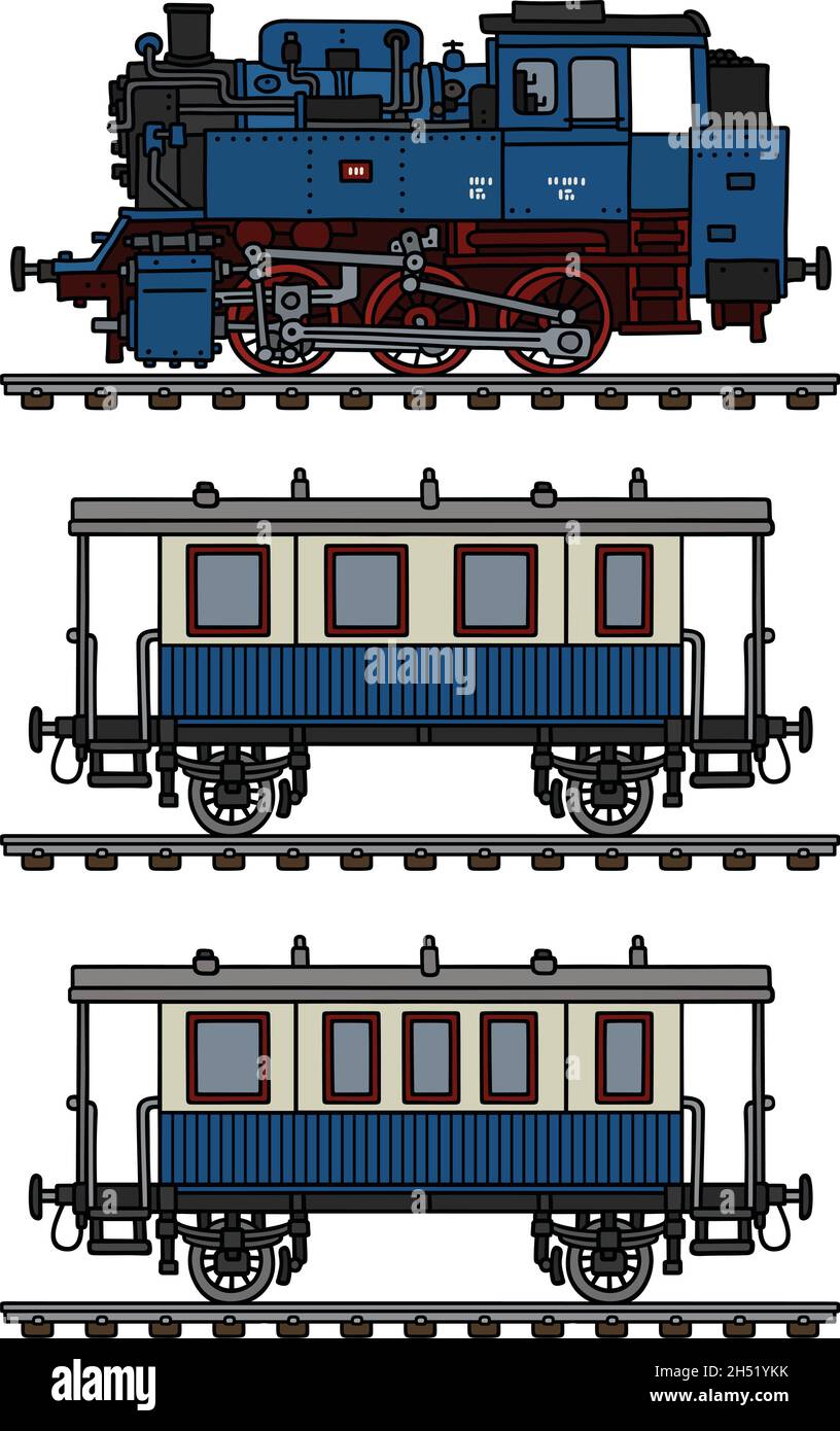 The vectorized hand drawing of a vintage blue passenger steam train ...