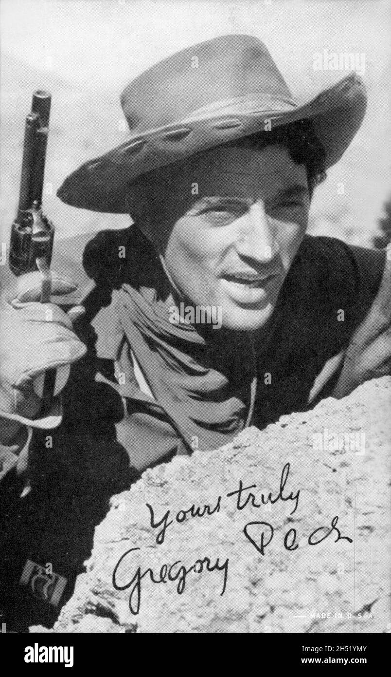 Collectible Exhibit Card of actor Gregory Peck from a Western movie. Stock Photo